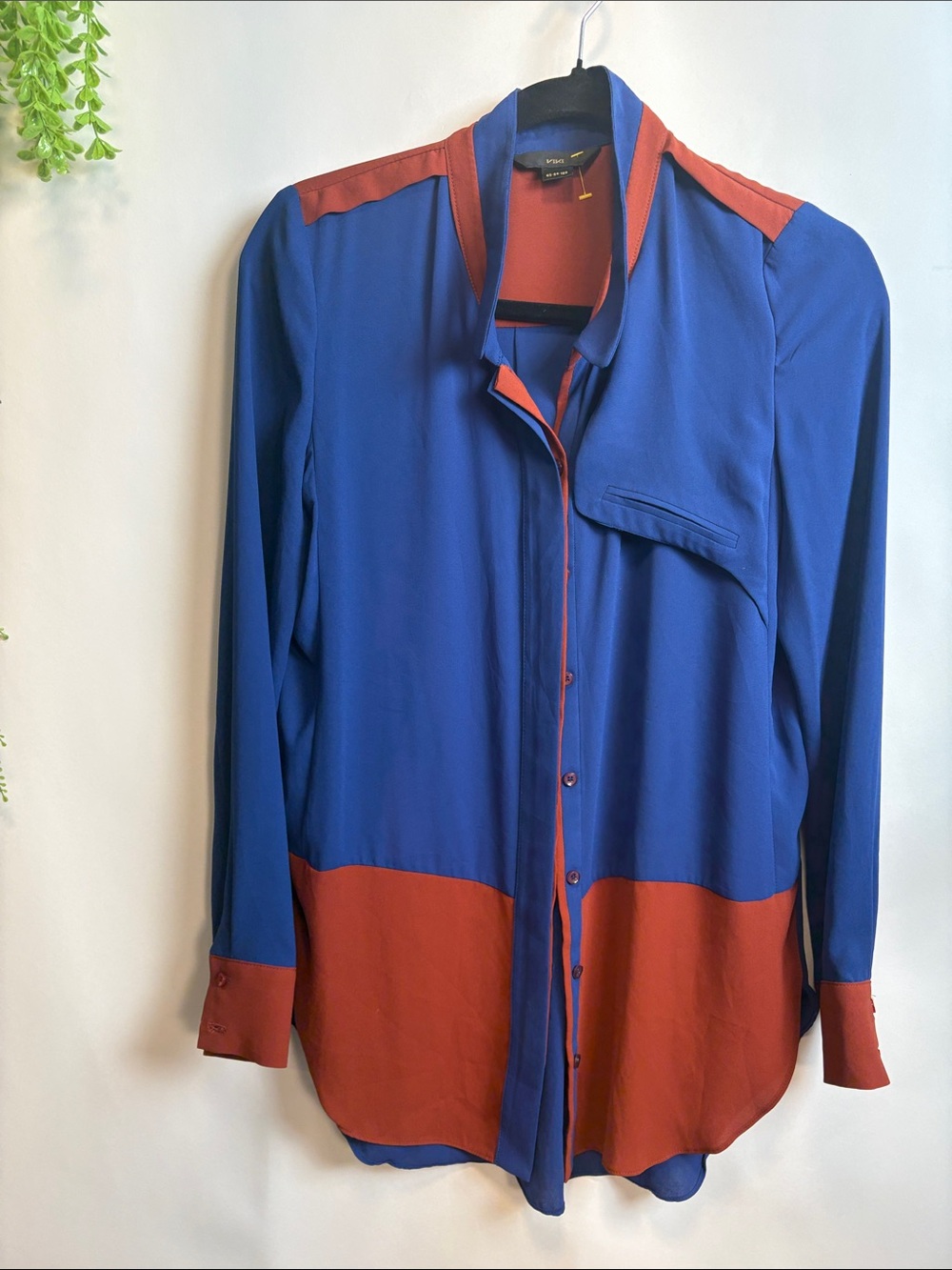 Women’s Colorblock Blue and Rust Button-Up Blouse